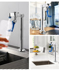 Collage of Brass Glass Filler Faucet 9in Deck Mount With 1/2 NPT Male Shank Extra Lever Arm And Filler Tip in kitchen settings.