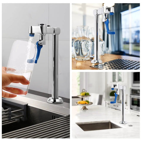 Collage of Brass Glass Filler Faucet 9in Deck Mount With 1/2 NPT Male Shank Extra Lever Arm And Filler Tip in kitchen settings.