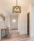 Dope Farmhouse Wood Pendant Chandelier For Dining Room And Kitchen Island Rustic Whitewashed Finish lit in bright hallway