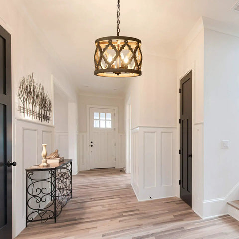 Dope Farmhouse Wood Pendant Chandelier For Dining Room And Kitchen Island Rustic Whitewashed Finish lit in bright hallway