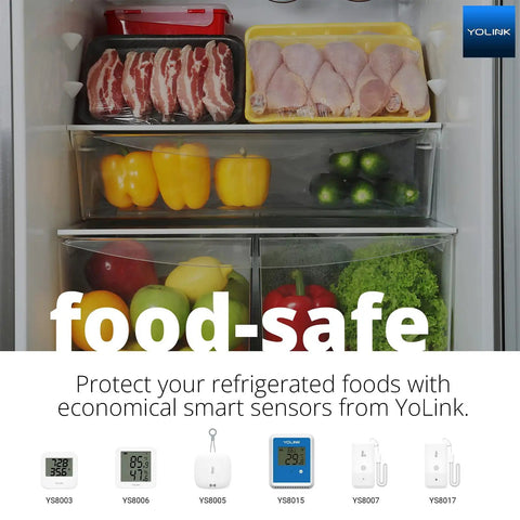 Open fridge with vegetables and meats using LoRa Wireless Temperature and Humidity Sensor With Long Range Up To One Quarter Mile.