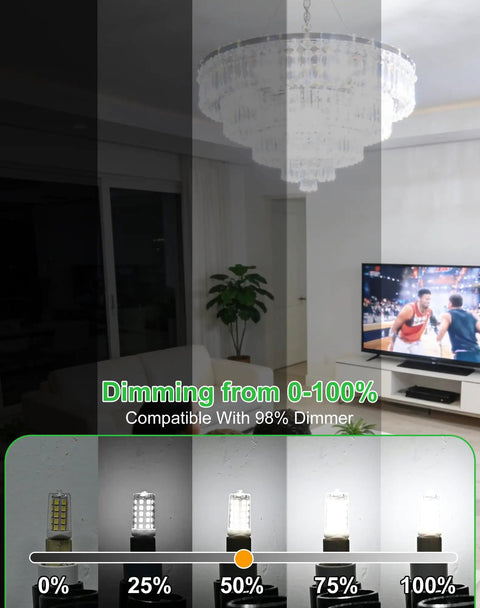 High Brightness Dimmable 4W LED Bulb 40W Equivalent 6000K Cool White No Flicker 450LM Ceramic Base Ideal For Garage Basement Hallway Energy Saving Pack Of 5 demonstrating dimming capabilities from 0 to 100 percent under chandelier.