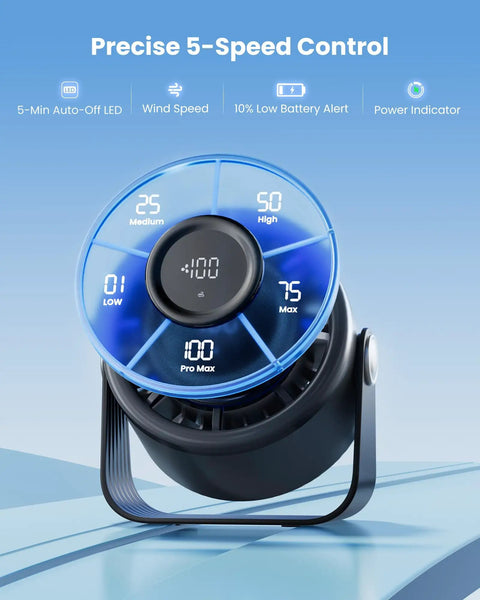 Rechargeable Small Desk Fan With Quiet 35dB Breeze, touch control display, 5 speed settings, close-up of controls