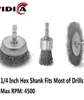 Heavy Duty Drill Wire Brush Set Nine Piece With Abrasive Wire Wheels, Cups And Pen Brushes, One Quarter Inch Hex Shank
