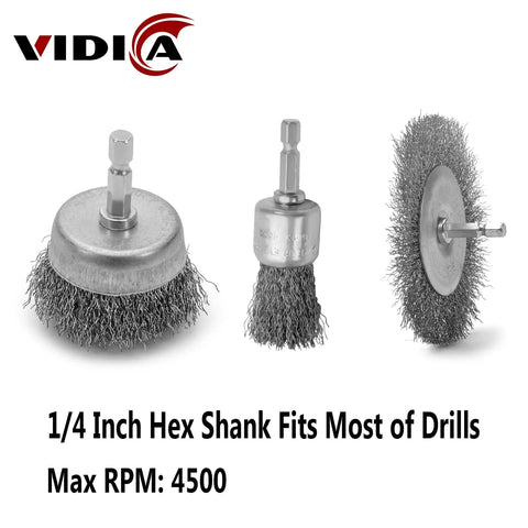 Heavy Duty Drill Wire Brush Set Nine Piece With Abrasive Wire Wheels, Cups And Pen Brushes, One Quarter Inch Hex Shank