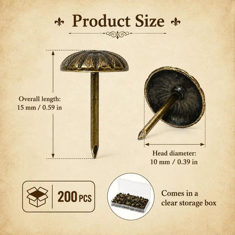 Top Shelf Antique Brass Upholstery Tacks Two Hundred Piece Set with 15 mm length and 10 mm diameter for furniture upgrades.