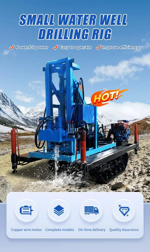 No Fuss Mini Hydraulic Water Well Drilling Rig 200 Meter Deep Borehole Drill Compact Track Mounted, water flowing during operation.