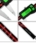 Stainless Steel Digital Caliper Delivers ±0.03 Mm Accuracy displaying a clear green backlight and precision scale.
