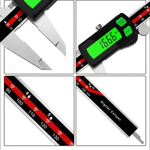 Stainless Steel Digital Caliper Delivers ±0.03 Mm Accuracy displaying a clear green backlight and precision scale.