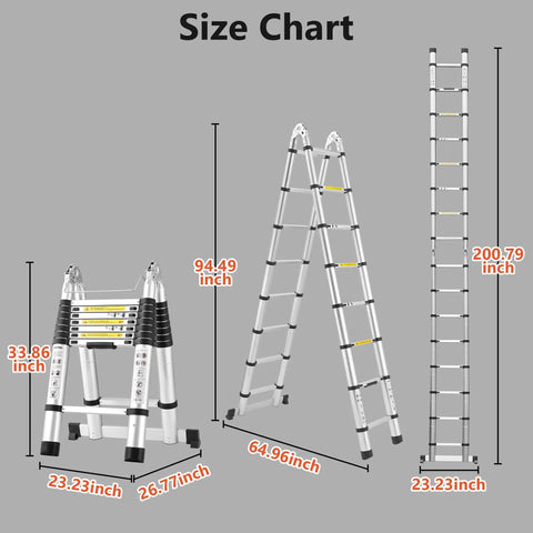 Telescoping A Frame Ladder 16.5 Feet Aluminum With Stabilizer Bar For Ultra Stable Reach Anti Slip Steps And Textured Rungs For Safety Wobble Free With Smart Locking Pins Silver Finish size chart