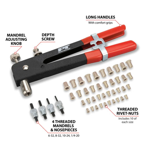 Beefy Rivet Nut Kit For Auto And DIY Projects, Heavy Duty Rivet Gun, 45-Piece Set with 8-32, 10-24, 1/4-20 nuts and mandrels