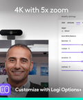 Epic 4K HD Webcam With Autofocus And Five X Digital Zoom Built Straight For Streamers And Remote Pros Featuring Rightlight 3 Auto Exposure Fix And Nailed Color Balance For Hella Crisp Video Calls mounted above a person with image settings on screen.