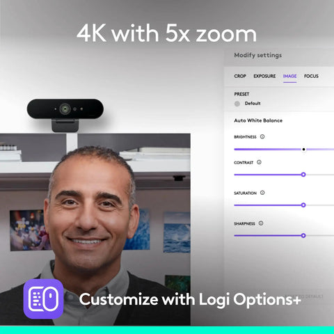 Epic 4K HD Webcam With Autofocus And Five X Digital Zoom Built Straight For Streamers And Remote Pros Featuring Rightlight 3 Auto Exposure Fix And Nailed Color Balance For Hella Crisp Video Calls mounted above a person with image settings on screen.