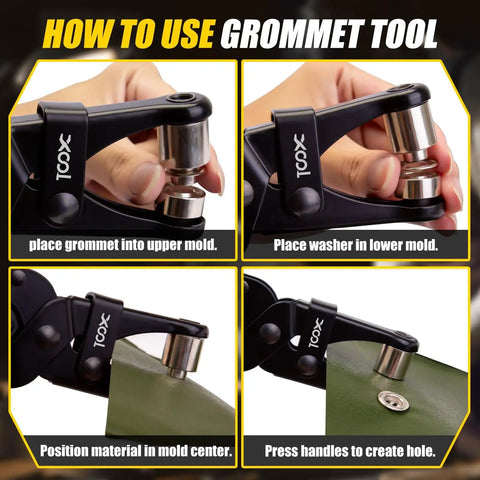 Step-by-step use of 2 In 1 Grommet Tool Kit With Twist Change Heads 12mm And 10mm Magnetic Punching System on canvas material.