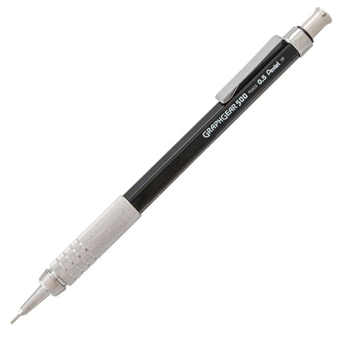 Graph Gear 500 Automatic Drafting Pencil 0.5mm with slick black barrel, slim beveled grip, and metal mesh texture for precision work.