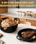 All In One Cast Iron Dutch Oven And Skillet Lid Pre Seasoned Heavy Duty Cookware with baked bread and grilled steak