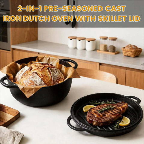 All In One Cast Iron Dutch Oven And Skillet Lid Pre Seasoned Heavy Duty Cookware with baked bread and grilled steak
