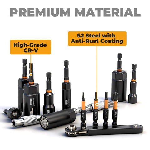 Beefy 86 Piece Magnetic Nut Driver Set And Impact Driver Bits showing high-grade Cr-V and S2 Steel with anti-rust coating