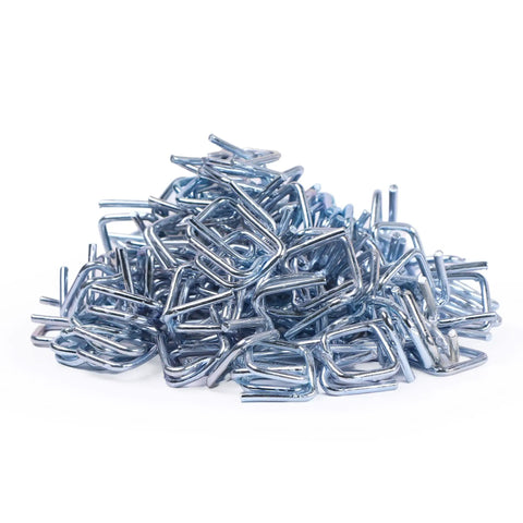 Heavy Duty Pallet Strapping Kit With 3/4 Inch X 1640 Ft Polypropylene Woven Cord Coils And 300 Metal Buckles Plus Rock Solid Tensioner Tool showing metal buckles stacked together.