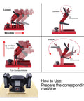 Workhorse Aluminum Alloy Sharpening Jig For Bench Grinders adjustable setup shown in four stages with clear instructions.