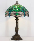 Tiffany Style Stained Glass Table Lamp With Green Dragonfly Shade, 12 Inch Shade And 19 Inch Tall Antique Bronze Reading Lamp, UL Listed