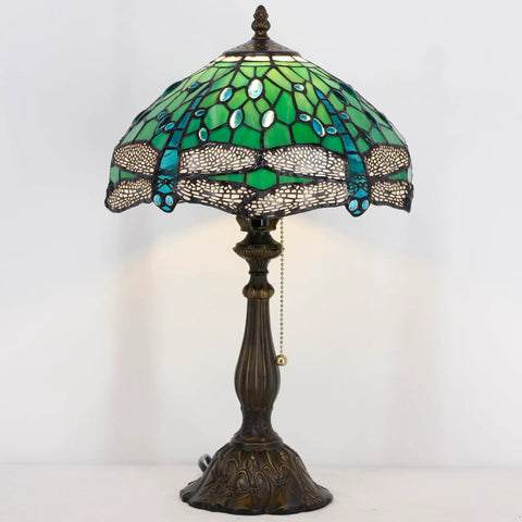 Tiffany Style Stained Glass Table Lamp With Green Dragonfly Shade, 12 Inch Shade And 19 Inch Tall Antique Bronze Reading Lamp, UL Listed