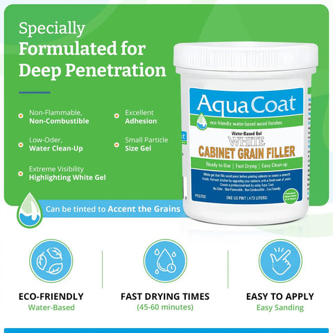 Heavy Duty Water Based White Wood Grain Filler Gel For Cabinets, 16 Oz container highlighting deep penetration features.