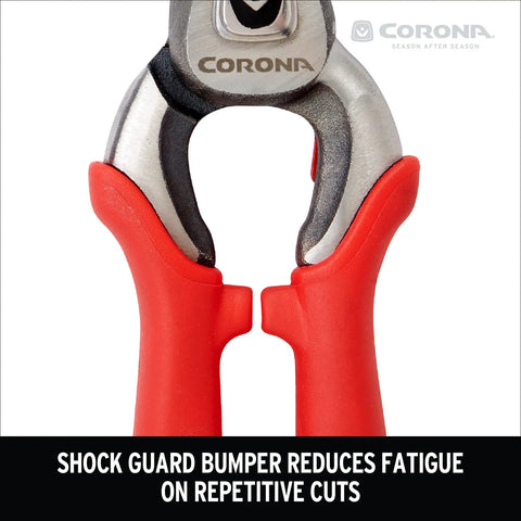 DualCUT Forged Steel Bypass Hand Pruner with shock guard bumper and ergonomic red handles for pruning thick branches and stems.