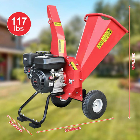 Beast Gas Powered Wood Chipper Mulcher With 7HP 212cc Engine And 3 Blade Disc Cutter in red, dimensions shown