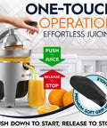 Eurolux 300W Industrial Strength Stainless Steel Electric Citrus Juicer Squeezer With Dual Pulp Filters For Fresh Orange Lemon Grapefruit One Hand Operation with juice glass.