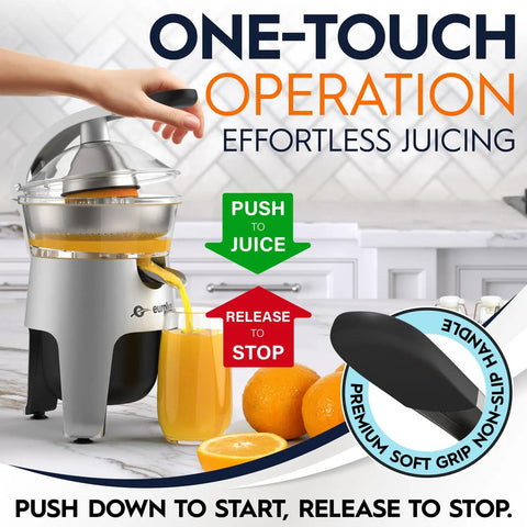 Eurolux 300W Industrial Strength Stainless Steel Electric Citrus Juicer Squeezer With Dual Pulp Filters For Fresh Orange Lemon Grapefruit One Hand Operation with juice glass.