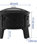 Front view of 26 Inch Outdoor Fire Pit With Grill, Mesh Spark Screen And Poker, Rust Resistant Powder Coated Steel with dimensions.