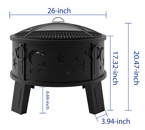 Front view of 26 Inch Outdoor Fire Pit With Grill, Mesh Spark Screen And Poker, Rust Resistant Powder Coated Steel with dimensions.