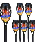 Set of Six Pack Solar Torch Lights With Colorful Flickering Flames, Waterproof Tiki Torches for Outdoor Pathways and Patios