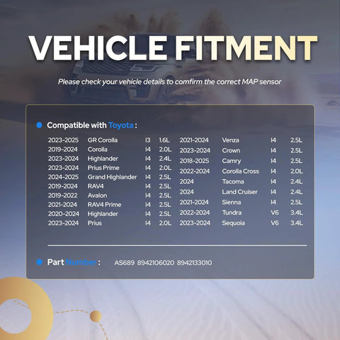 MAP sensor compatibility chart for ENA AS689, listing Toyota models and engine sizes.