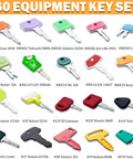 60 Piece Heavy Equipment Keys Master Set For Construction Machinery Pro Grade Ignition Keys Kit For Tractors Loaders Excavators Dozers And More Compatible With Most Major Brand Machines On Site, colorful keys laid out