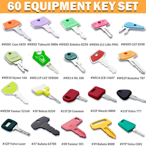 60 Piece Heavy Equipment Keys Master Set For Construction Machinery Pro Grade Ignition Keys Kit For Tractors Loaders Excavators Dozers And More Compatible With Most Major Brand Machines On Site, colorful keys laid out