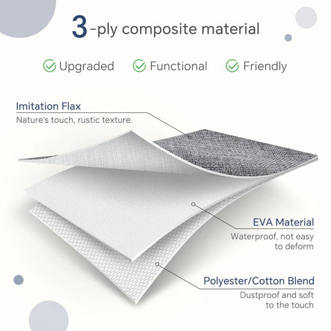 3-ply composite material layers showing imitation flax, EVA, and polyester for Six Pack 11 Inch Fabric Cube Storage Bins With Handles