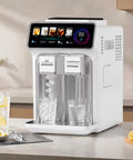 3 In 1 Countertop Ice Maker Featuring An Automatic Ice Crusher And Water Dispenser To Make Bullet Ice Shaved Treats Or Slush Fast in white unit with ice and water dispensers.