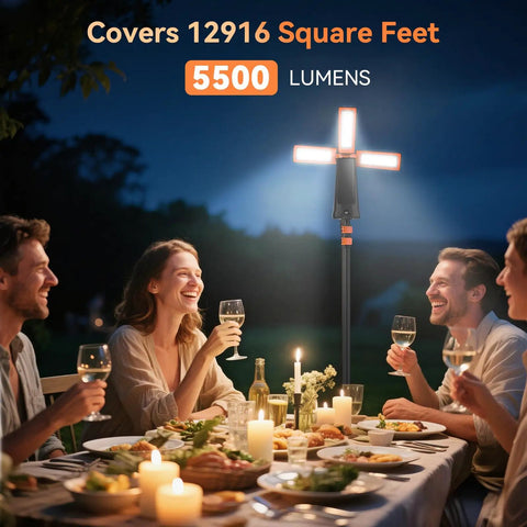 Outdoor dinner scene with illuminated Rechargeable Camping Light With Stand Seven-Foot Max Height, 15000mAh Beast Portable Cordless LED Work Light, 5500 Lumen Dimmable Emergency Flashlight With Detachable Tripod, Color Temperature 6500K/4500K/3500K, Orange.