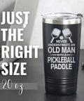 Dope Pickleball Gift For Men 20 Oz Stainless Steel Travel Tumbler featuring laser etched design and tight seal lid on a desk.