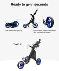 Ez V8 3-Wheel Golf Push Cart With Patented One-Click Fold, demonstrating folding process and blue all terrain EVA wheels.