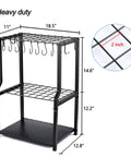 Heavy Duty Free Standing Garden Tool Organizer Rack For Garage Corner Storage And Shed Organization, shown with hooks and dimensions.