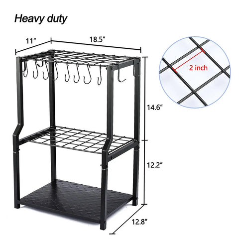 Heavy Duty Free Standing Garden Tool Organizer Rack For Garage Corner Storage And Shed Organization, shown with hooks and dimensions.