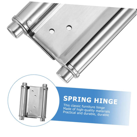 Heavy Duty Double Action Spring Hinges Built Tough As Nails With Rust Proof Stainless Steel For Smooth Self Closing Swing Doors Absolutely Solid Choice For Bathroom Cabinets And Furniture 2 Piece Set, close-up view of hinge.