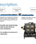 Heavy Duty Air Compressor Pressure Switch 90 To 125 PSI Single Port 26A Replacement Control For Shop Tools And Home Air Systems