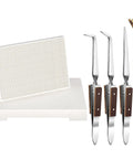6 Piece Jewelry Soldering Kit With 2 Honeycomb Ceramic Soldering Blocks, Copper Tongs, and 3 Reverse Tweezers displayed