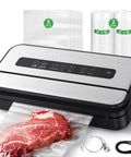 Pro Grade Vacuum Sealer With Built In Cutter And Bag Storage 90KPa Strong Vacuum Dry Moist And Liquid Modes shown with accessories