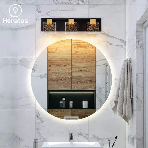 Black And Bronze Vanity Light With Square Bubble Crystal Panel Wall Mounted Sconce Three LED Lights 3000K Warm White