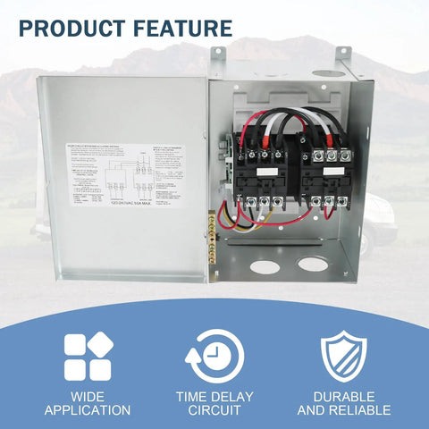 RV Automatic Transfer Switch 240VAC 50A 70A Neutral Pre Wired For Shore Power To Generator Or Inverter Emergency Backup Power Switch For RVs Boats And Big Power Equipment, metal housing open